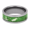 Front view of glow in the dark titanium cremation ring with luminous green inlay