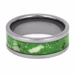 Front view of glow in the dark titanium cremation ring with luminous green inlay