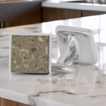 Angled front view of a pair of square memorial cuff links with light stone-textured inlay set in polished silver frames, with one cuff link facing forward and the other showing the hinged back, designed to hold cremation ashes.