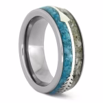 Angled side view of a polished memorial ring featuring a turquoise inlay band, a silver arrow accent, and a lower channel designed to hold cremation ashes.