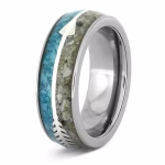 Angled side view of a polished memorial ring featuring a turquoise inlay band, a silver arrow accent, and a lower channel designed to hold cremation ashes.