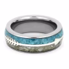 Angled top view of a polished memorial ring featuring a turquoise inlay band with a silver arrow accent and a lower channel designed to hold cremation ashes.
