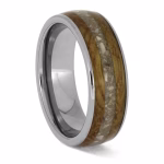 Angled side view of a polished titanium memorial ring featuring a whiskey barrel oak wood inlay with a central channel for holding cremation ashes.