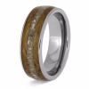 Angled side view of a polished titanium memorial ring featuring a whiskey barrel oak wood inlay with a central channel for holding cremation ashes.