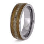 Angled side view of a polished titanium memorial ring featuring a whiskey barrel oak wood inlay with a central channel for holding cremation ashes.
