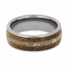 Titanium memorial ring with whiskey barrel oak wood and cremation ash inlay shown in straight-on view