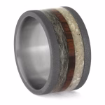 Angled view of wide memorial ring with cremation ashes and fur in king wood and titanium