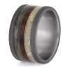 Angled view of wide memorial ring with cremation ashes and fur in king wood and titanium