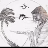 Hand-drawn sketch of beach hut with dolphins memorial glass suncatcher design featuring pier, palm tree, ocean waves, and flying birds