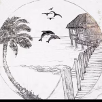 Hand-drawn sketch of beach hut with dolphins memorial glass suncatcher design featuring pier, palm tree, ocean waves, and flying birds