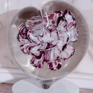 Glass Heart of Remembrance – handmade memorial glass heart in purple with cremation ash suspended inside, by Sands of Time.