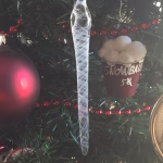 Traditional Memorial Icicle Ornament – handmade glass ornament with white cremation ash swirled through clear glass, by Sands of Time.