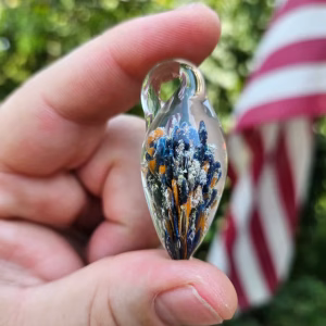 Garden Drop Pendant – handmade memorial glass pendant with cremation ash suspended in custom-blended glass, by Sands of Time.