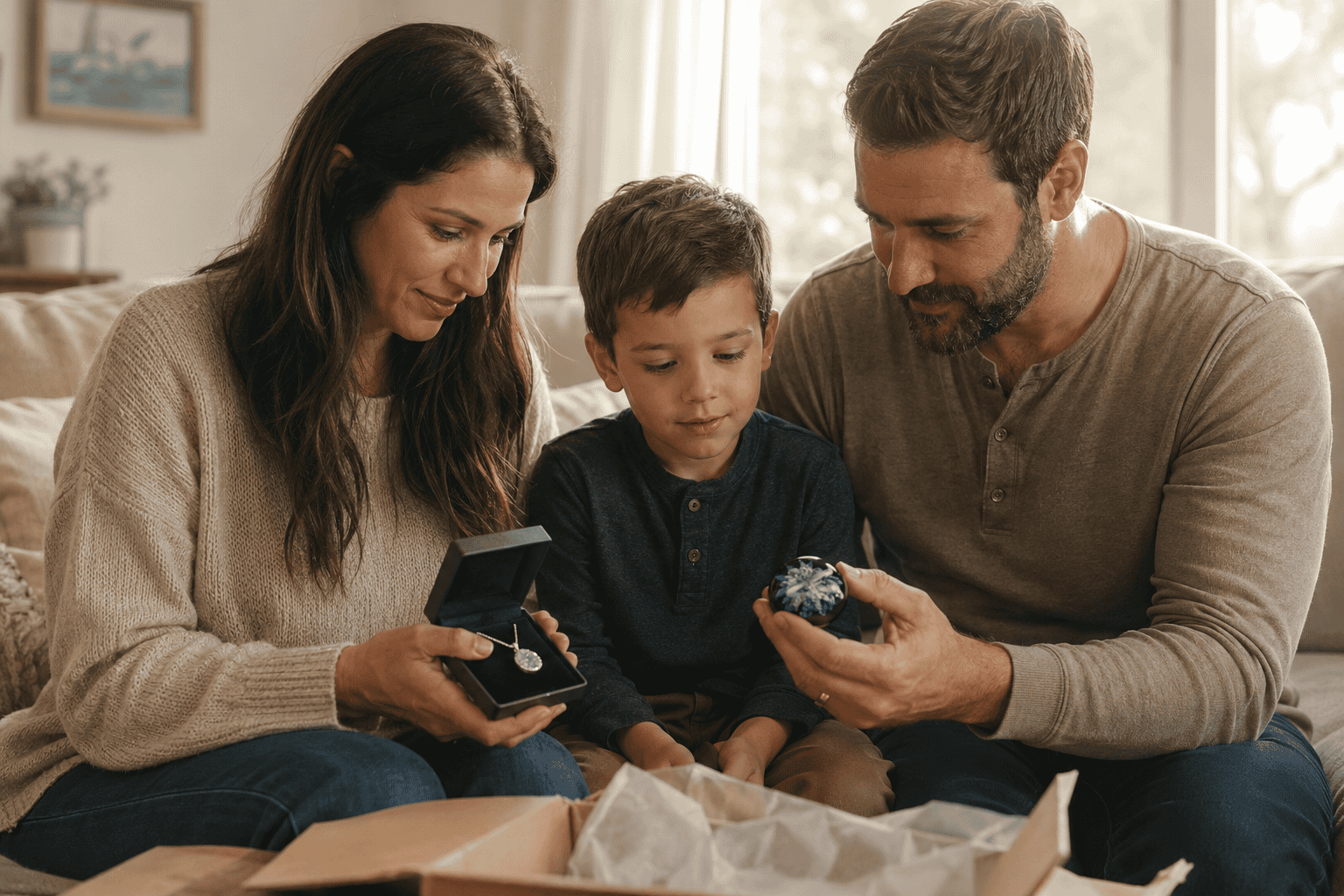 Families exploring handcrafted memorial keepsakes from Sands of Time