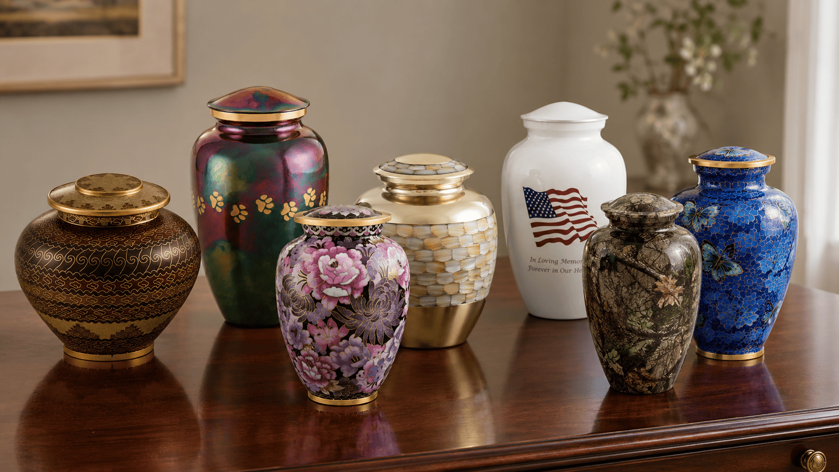 A collection of decorative memorial urns displayed together in the home