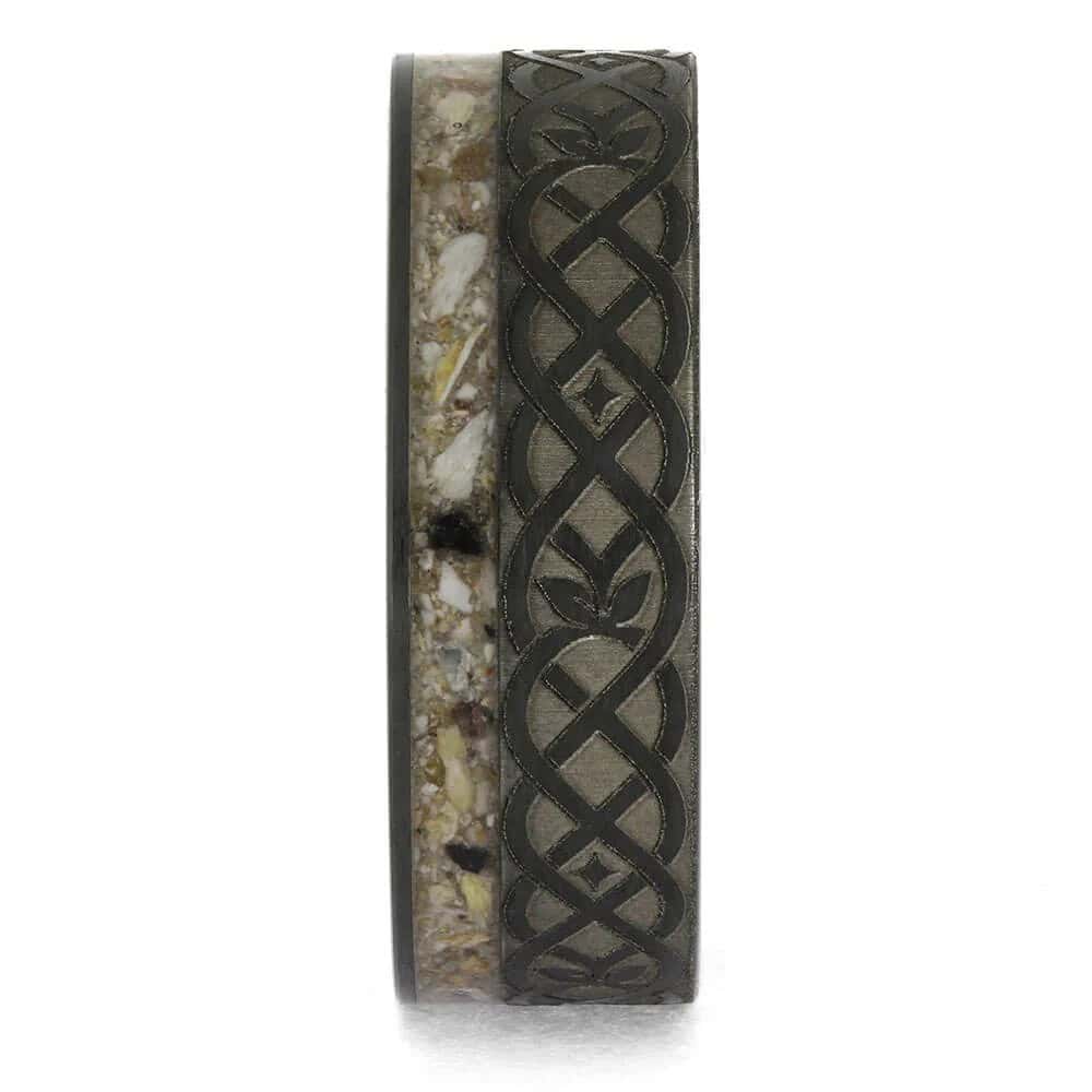 Black zirconium cremation ring layout with cremation ash inlay and Celtic knot engraving