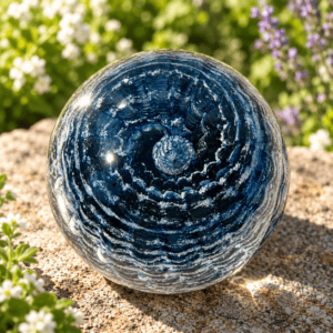 Top view of blue topaz birthstone glass paperweight with cremation ashes in a Ripple Vortex design
