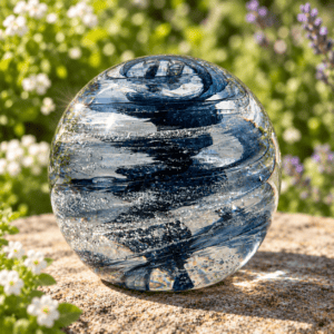 Front view of blue topaz birthstone glass paperweight with cremation ashes in a Sparkle Swirl design