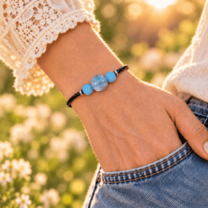 Close by Me glass cremation bracelet in sky blue worn on a woman’s wrist in a warm outdoor lifestyle setting.