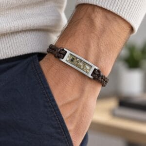 Man wearing a Memorial Bracelet with Ashes and brown braided leather band in a natural indoor lifestyle setting.