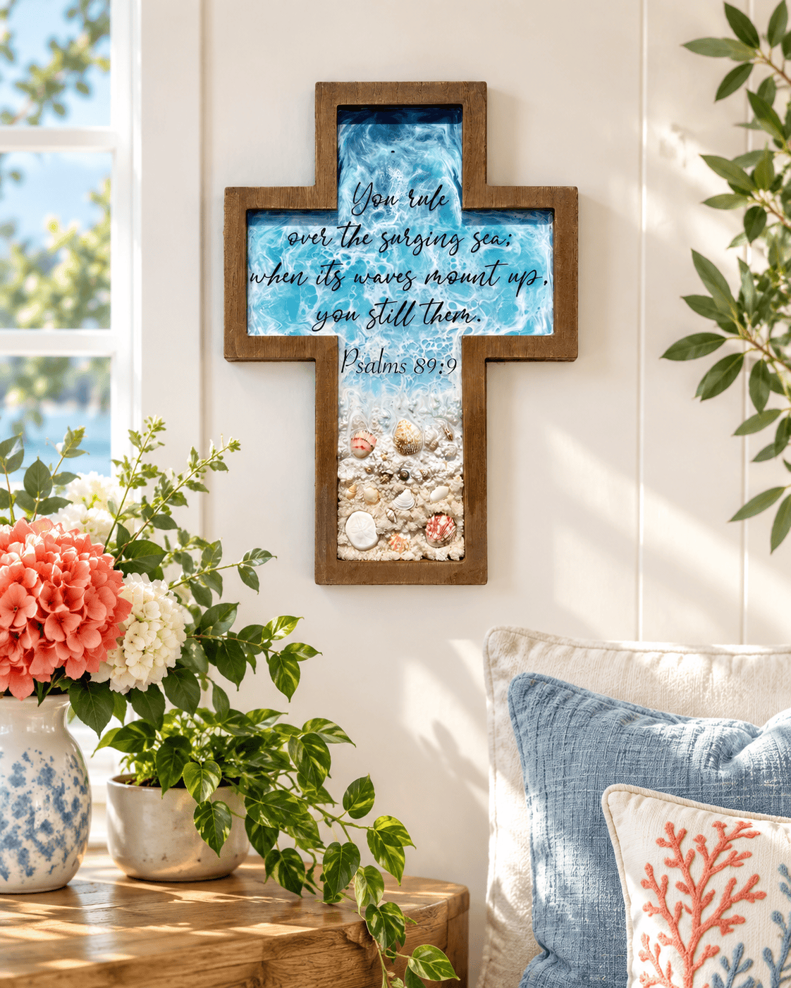 Oceanside memorial wall cross with cremation ashes displayed in a bright living space above a side table with fresh flowers and coastal decor.