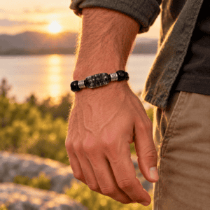 Man wearing the Remember Me Cremation Bracelet in black, shown as a memorial bracelet with ashes in a lifestyle outdoor setting at sunset.