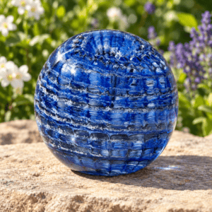 Front view of tanzanite birthstone glass paperweight with cremation ashes in a Ripple Vortex design