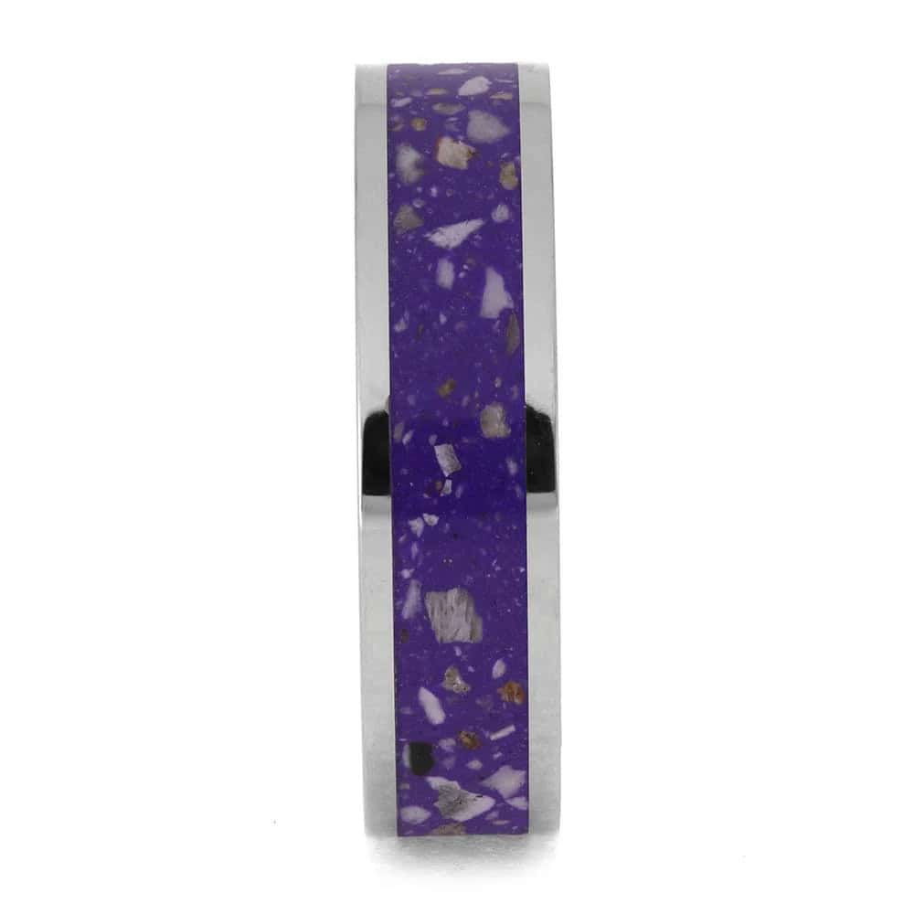 Titanium cremation ring layout with ashes and purple enamel center inlay