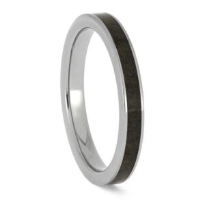 Upright angled view of polished titanium memorial ring with sand or dirt center inlay