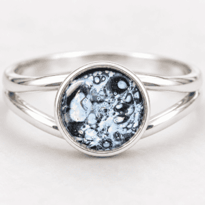 Black Split Shank Cremation Ring with a handcrafted glass jewel containing cremation ashes in a sterling silver setting