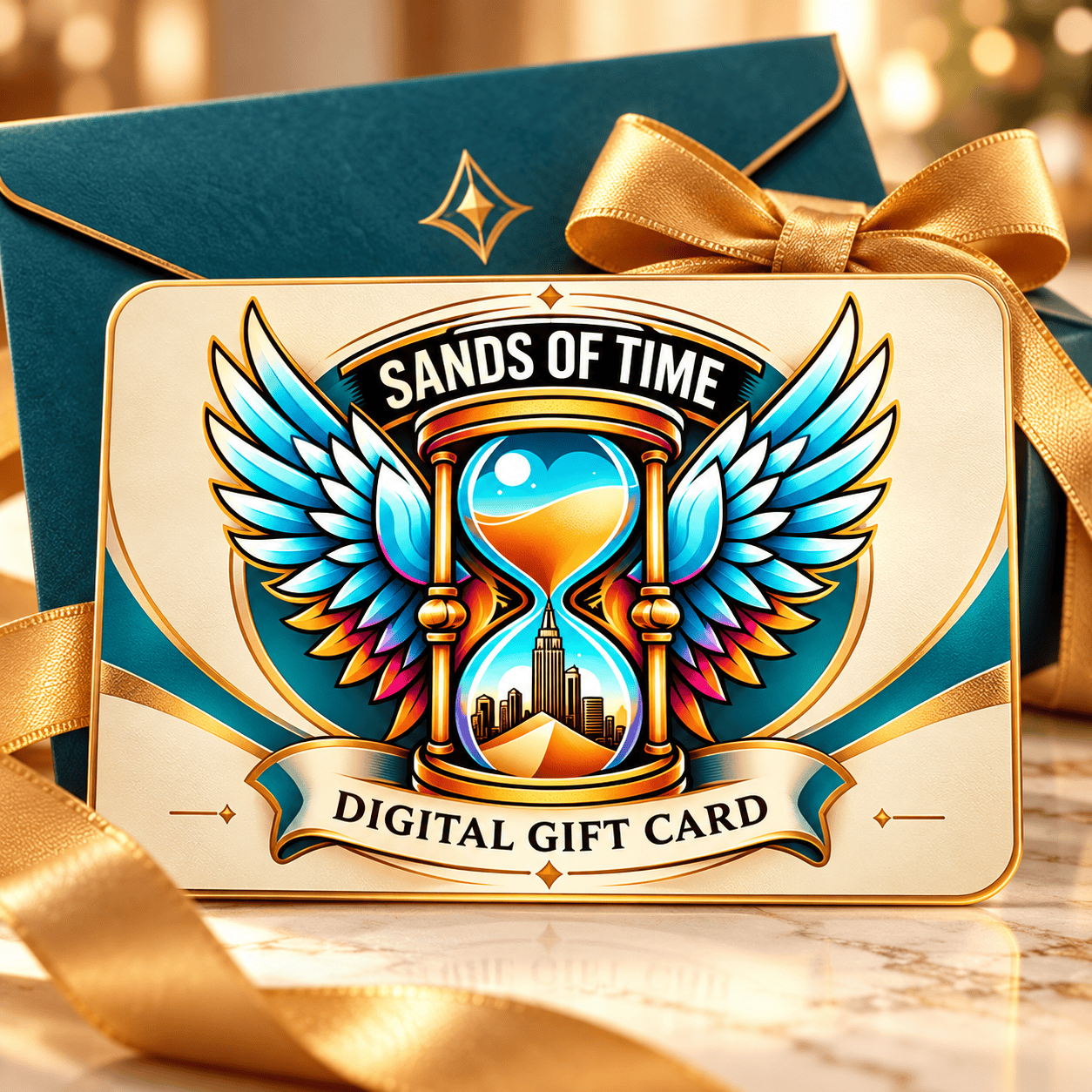 Sands of Time Digital Gift Card featuring the colorful angel-wing hourglass logo and elegant gift packaging